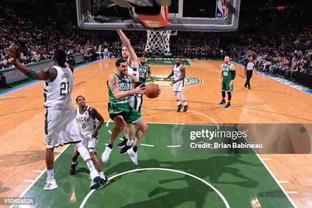 Milwaukee, WI Shane Larkin of the Boston Celtics goes to the basket against the Milwaukee Bucks in Game Three of Round One of the 2018 NBA Playoffs...