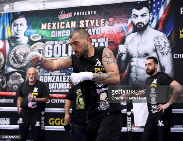 Vanes Martirosyan trains for his middleweight fight against Gennady Golovkin of Kazakhstan during a media workout at the Glendale Fighting Club on...