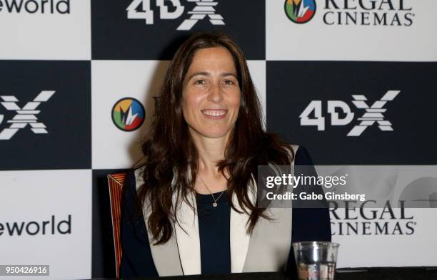 Cineworld Group CCO Renana Teperberg answers questions after a signing of a partnership agreement deal with CJ 4DPlex at Caesars Palace during...