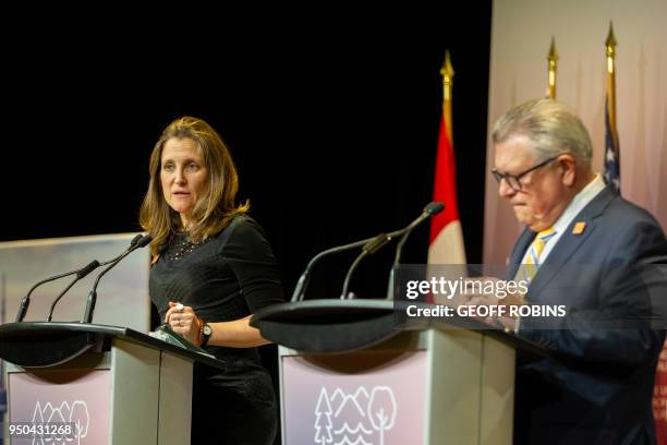 Canadian Public Safety Minister Ralph Goodale and Foreign Affairs Minister Chrystia Freeland address the media during a press conference at the the...