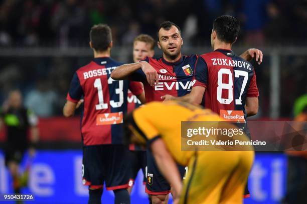 Goran Pandev of Genoa CFC celebrates victory with team mate Ervin Zukanovic at the end of the Serie A match between Genoa CFC and Hellas Verona FC at...