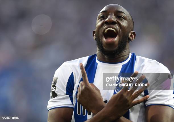 Porto's Malian forward Moussa Marega celebrates after scoring a goal during the Portuguese league football match between FC Porto and Vitoria Setubal...