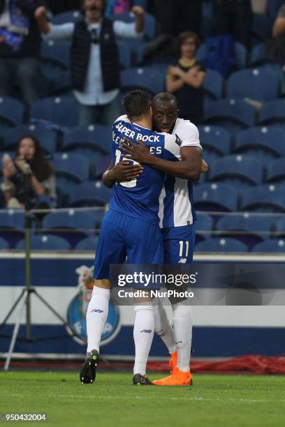 Porto's Malian forward Moussa Marega celebrates after scoring a goal during the Premier League 2016/17 match between FC Porto and Vitoria FC, at...