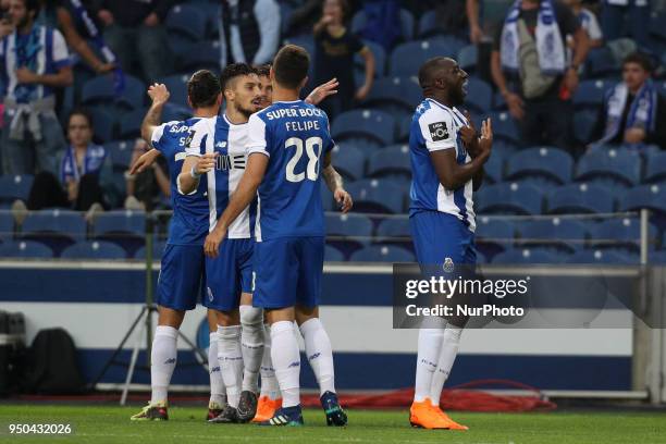 Porto's Malian forward Moussa Marega celebrates after scoring a goal during the Premier League 2016/17 match between FC Porto and Vitoria FC, at...