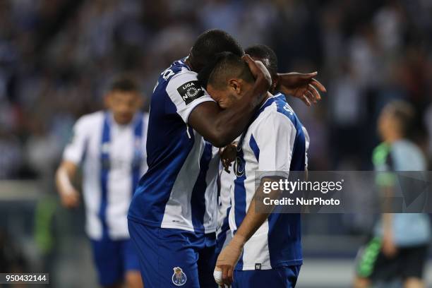 Porto's Mexican forward Jesus Corona celebrates after scoring a goal during the Premier League 2016/17 match between FC Porto and Vitoria FC, at...