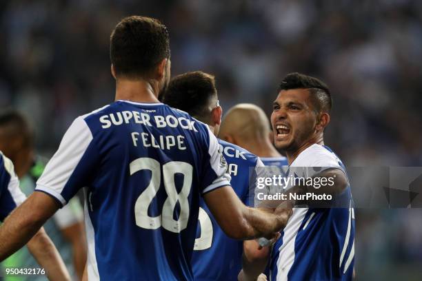 Porto's Mexican forward Jesus Corona celebrates after scoring a goal during the Premier League 2016/17 match between FC Porto and Vitoria FC, at...