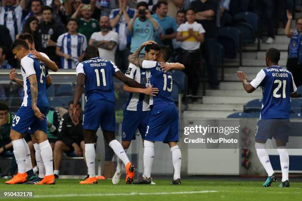 Porto's Spanish defender Ivan Marcano celebrates after scoring a goal during the Premier League 2016/17 match between FC Porto and Vitoria FC, at...