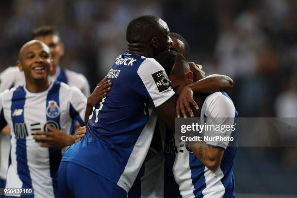 Porto's Mexican forward Jesus Corona celebrates after scoring a goal during the Premier League 2016/17 match between FC Porto and Vitoria FC, at...