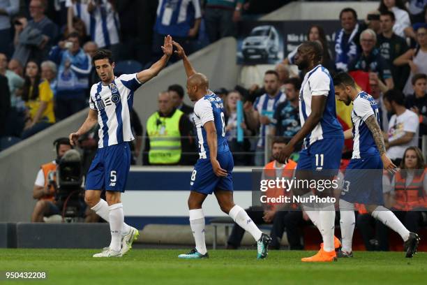 Porto's Spanish defender Ivan Marcano celebrates after scoring a goal during the Premier League 2016/17 match between FC Porto and Vitoria FC, at...