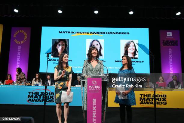 Emily Steel, Megan Twohey and Jodi Kantor attend the 2018 Matrix Awards at Sheraton Times Square on April 23, 2018 in New York City.