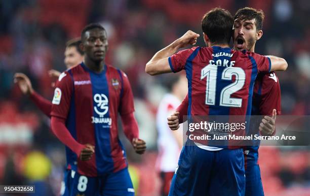 Jorge Andujar "Koke" of Levante UD and Jose Campana of Levante UD celebrates after wining the match during the La Liga match between Athletic Club...