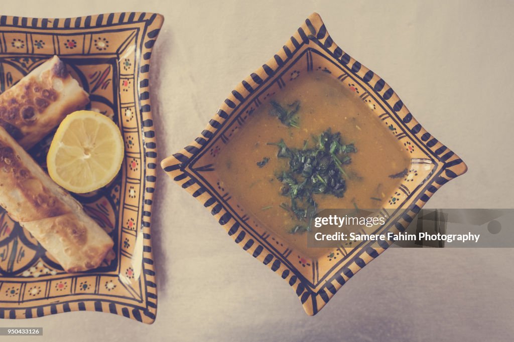 Harira soup served with bourak (brik)