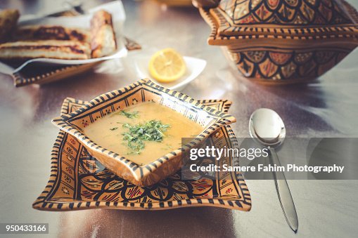 Harira soup served on bowl with bourak (brik) Harira soup served on bowl with bourak (brik)