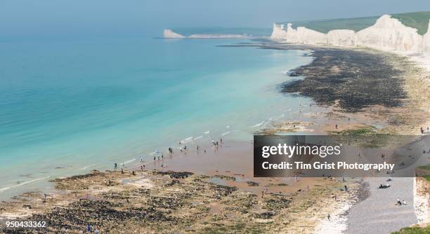 people on the beach at birling gap, east sussex - birling gap stock pictures, royalty-free photos & images