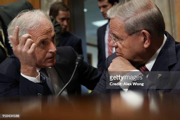Sen. Bob Corker , chairman of the Senate Foreign Relations Committee, talks with ranking member Sen. Bob Menendez prior to a committee meeting April...