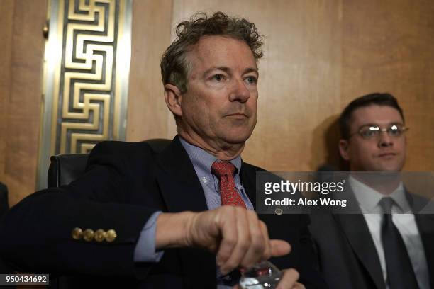 Sen. Rand Paul waits for the beginning of a Senate Foreign Relations Committee meeting April 23, 2018 on Capitol Hill in Washington, DC. The...