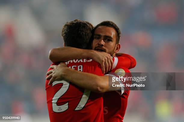 Benfcas Forward Rafa Silva from Portugal celebrating with SL Benfcas Midfielder Andrija Zivkovic from Serbia after scoring a goal during the Premier...