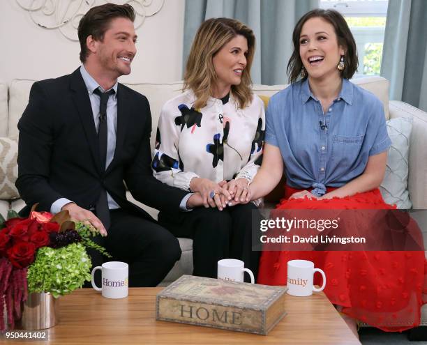 Actors Daniel Lissing, Lori Loughlin and Erin Krakow visit Hallmark's "Home & Family" at Universal Studios Hollywood on April 23, 2018 in Universal...