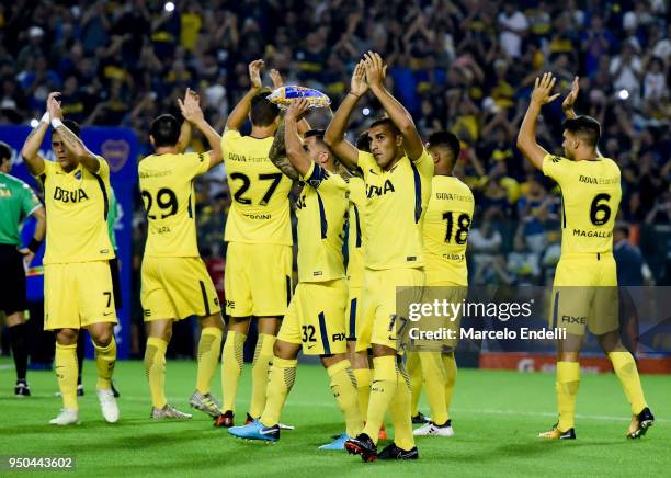 Players of Boca Juniors greet the fans before a match between Boca Juniors and Newell's Old Boys as part of Argentine Superliga 2017/18 at Alberto J....