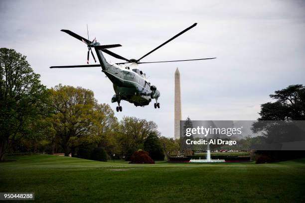 Marine One, carrying President Donald Trump, first lady Melania Trump, French President Emmanuel Macron and his wife Brigitte Macron, departs the...