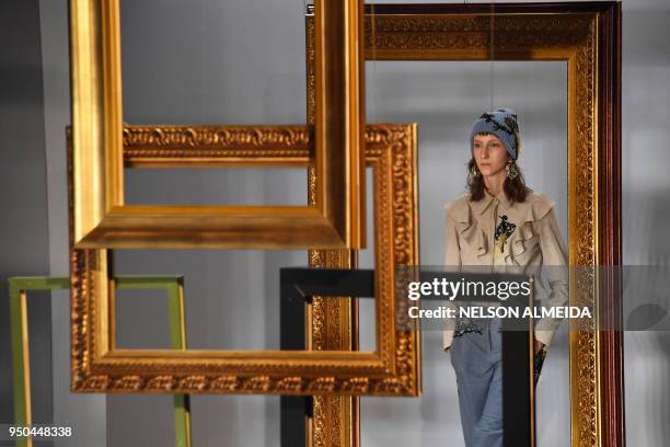Model presents a creation by Patbo during the Sao Paulo Fashion Week in Sao Paulo, Brazil, on April 23, 2018.