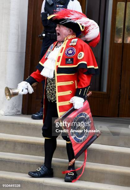 Town Crier Tony Appleton announces the birth of the Duke and Duchess of Cambridge's third child, a boy, outside the Lindo Wing at St Mary's Hospital...