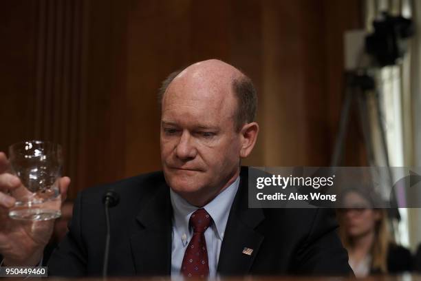 Chris Coons attends a Senate Foreign Relations Committee meeting April 23, 2018 on Capitol Hill in Washington, DC. The committee has approved to the...