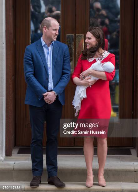 Catherine, Duchess of Cambridge and Prince William, Duke of Cambridge depart the Lindo Wing with their newborn son Prince Louis of Cambridge at St...