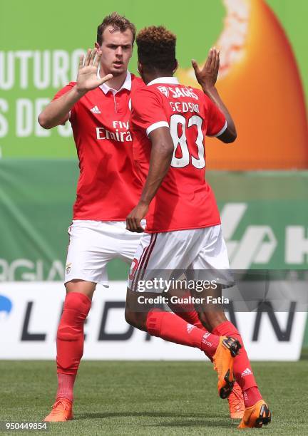 Benfica defender Branimir Kalaica from Croacia celebrates with teammate SL Benfica midfielder Gedson Fernandes from Portugal after scoring a goal...