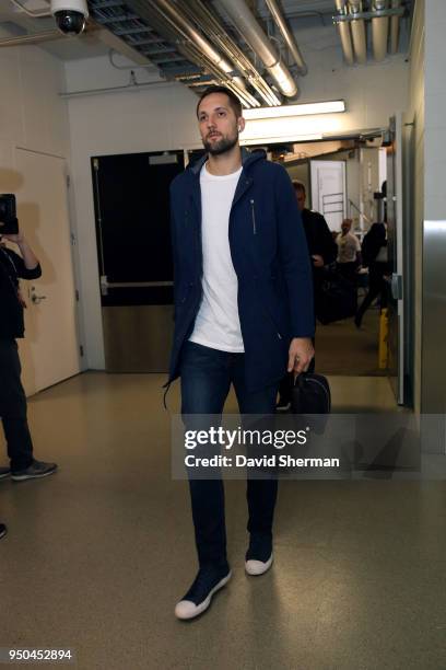Ryan Anderson of the Houston Rockets enters the arena before the game against the Minnesota Timberwolves in Game Four of Round One of the 2018 NBA...
