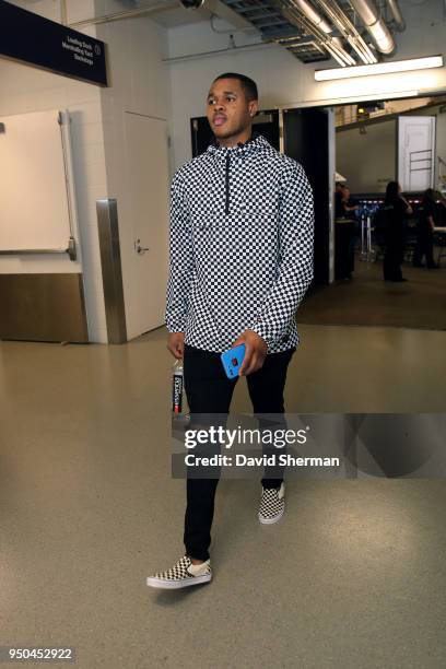 Marcus Georges-Hunt of the Minnesota Timberwolves arrives at the arena before the game against the Houston Rockets in Game Four of Round One of the...