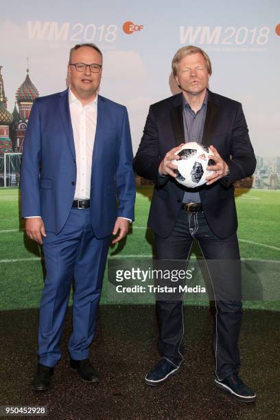 Oliver Welke and Oliver Kahn during the TV programs ARD and ZDF present their team for the 2018 FIFA World Championship in Russia on April 23, 2018...