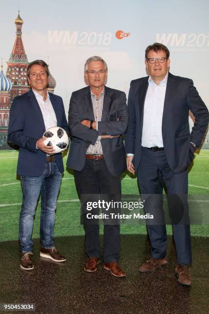 Christoph Hamm, Peter Frey and Thomas Fuhrmann during the TV programs ARD and ZDF present their team for the 2018 FIFA World Championship in Russia...