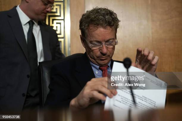 Sen. Rand Paul waits for the beginning of a Senate Foreign Relations Committee meeting April 23, 2018 on Capitol Hill in Washington, DC. The...