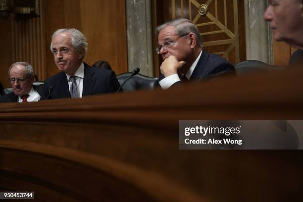 Sen. Bob Corker , chairman of the Senate Foreign Relations Committee, Sen. Jim Risch , ranking member Sen. Bob Menendez attend a committee meeting...