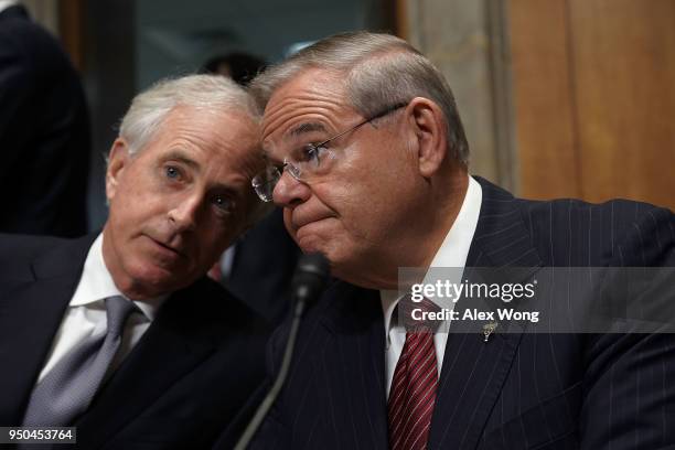 Sen. Bob Corker , chairman of the Senate Foreign Relations Committee, shares a moment with ranking member Sen. Bob Menendez prior to a committee...