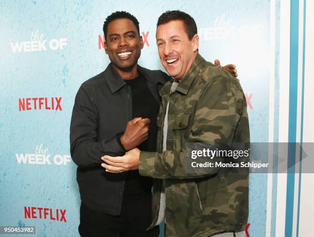 Chris Rock and Adam Sandler attend the World Premiere of the Netflix film "The Week Of" at AMC Loews Lincoln Square 13 on April 23, 2018 in New York...