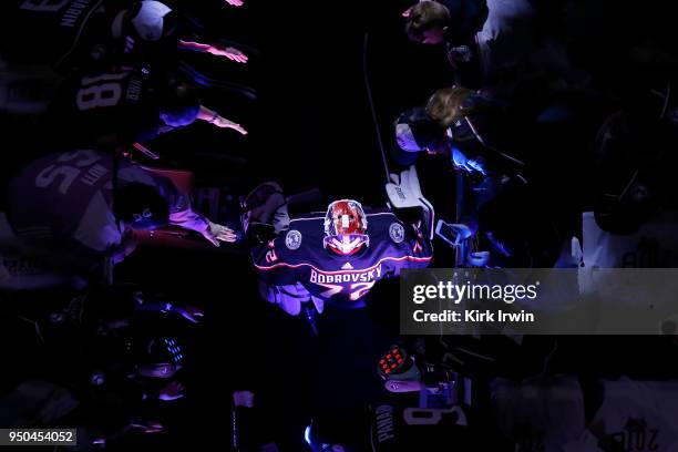 Sergei Bobrovsky of the Columbus Blue Jackets makes his way out to the ice for warmups prior to the start of Game Six of the Eastern Conference First...