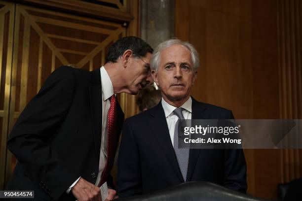 Sen. Bob Corker , chairman of the Senate Foreign Relations Committee, listens to Sen. John Barrasso prior to a committee meeting April 23, 2018 on...