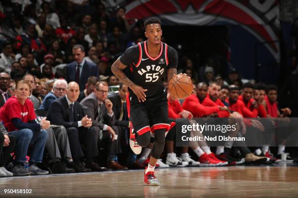 Delon Wright of the Toronto Raptors dribbles up the court during the game against the Washington Wizards in Game Three of Round One of the 2018 NBA...