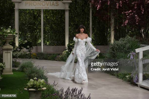 Model walks the runway for Pronovias during Barcelona Bridal Fashion Week at Fira de Barcelona on April 23, 2018 in Barcelona, Spain.