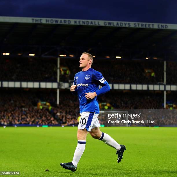 Wayne Rooney of Everton looks on during the Premier League match between Everton and Newcastle United at Goodison Park on April 23, 2018 in...
