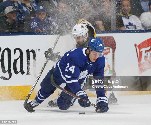 Brad Marchand of the Boston Bruins battles Kasperi Kapanen of the Toronto Maple Leafs in Game Six of the Eastern Conference First Round in the 2018...