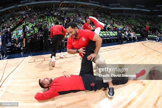 Ryan Anderson of the Houston Rockets stretches before the game against the Minnesota Timberwolves in Game Four of Round One of the 2018 NBA Playoffs...