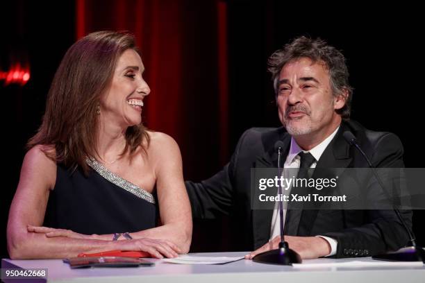 Ana Belen receives the Sant Jordi Cinematography award with the parliament of Eduard Fernandez on April 23, 2018 in Barcelona, Spain.