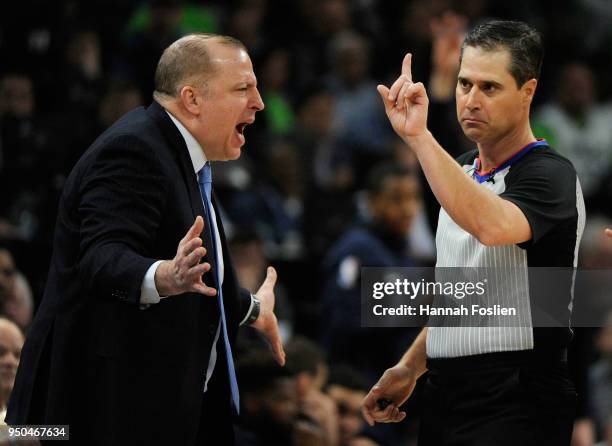 Head coach Tom Thibodeau of the Minnesota Timberwolves reacts to a call as referee David Guthrie calls a foul during the first quarter in Game Four...