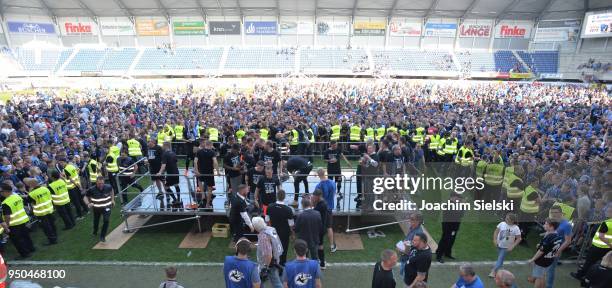 The Team and The Fans of Paderborn celebration after the 3. Liga match between SC Paderborn 07 and SpVgg Unterhaching at Benteler Arena on April 21,...