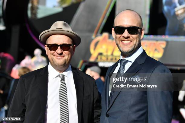 Stephen McFeely and Christopher Markus attend the premiere of Disney and Marvel's 'Avengers: Infinity War' on April 23, 2018 in Los Angeles,...