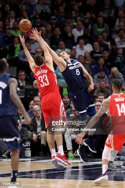Nemanja Bjelica of the Minnesota Timberwolves goes up for a rebound against the Houston Rockets in Game Four of Round One of the 2018 NBA Playoffs on...