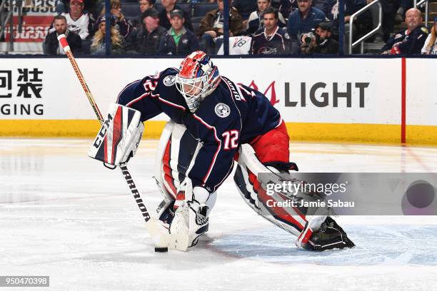 Sergei Bobrovsky of the Columbus Blue Jackets plays the puck during the second period in Game Six of the Eastern Conference First Round against the...